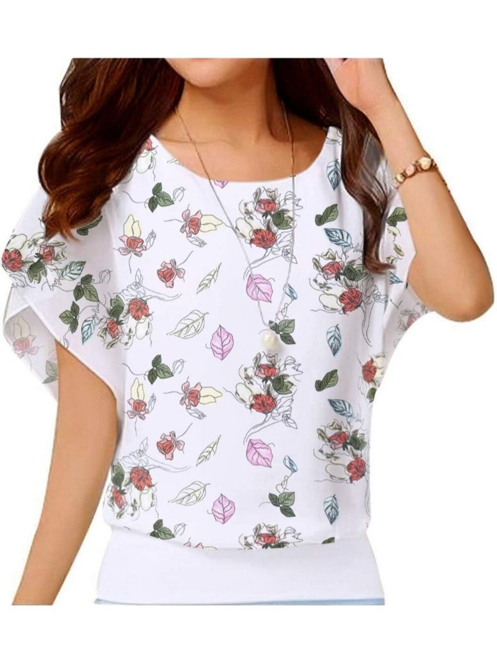 Women White Flower Elegant Loose Casual Short Sleeve Chiffon Top T Shirt Blouses